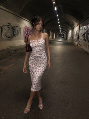Tunnel Vision soft grunge floral mesh slip midi dress in pink - xs